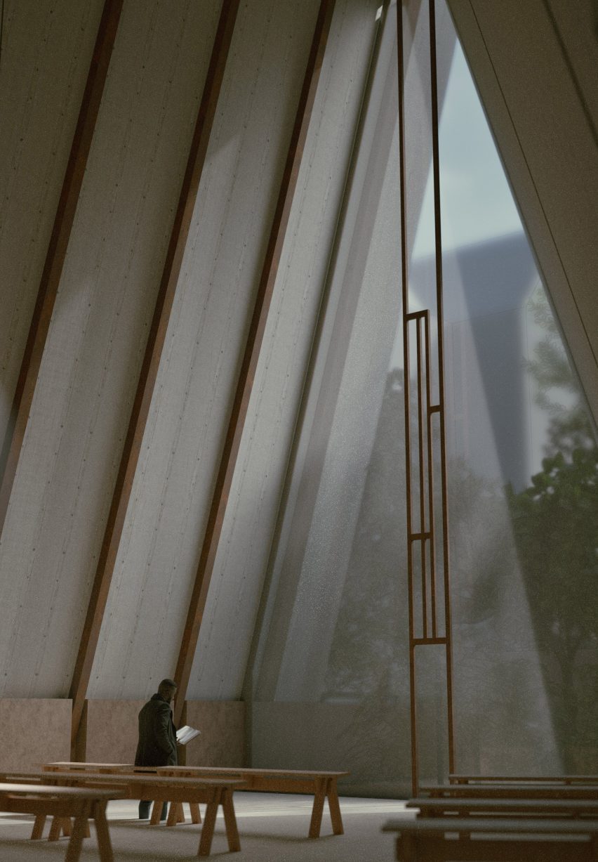 a visualisation of the interior of a building with large ceilings in tones of grey and brown