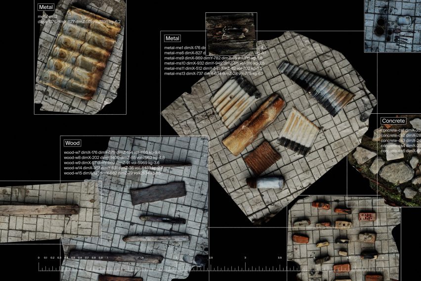 Photo of various material fragments with annotations around them indicating type, size and weight