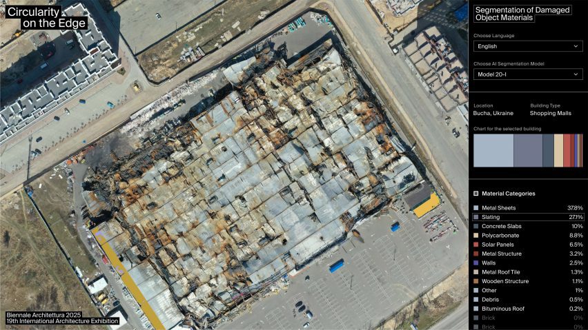 Screenshot of the Circularity on the Edge interface, showing an aerial image of damaged buildings with a sidebar on the right with a material breakdown