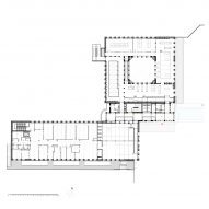 Ground floor plan at James Baldwin Media Library and Refugee House by Associer