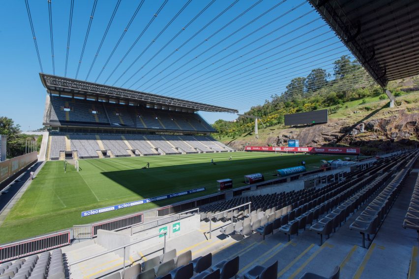 View of football stadium with angular roof