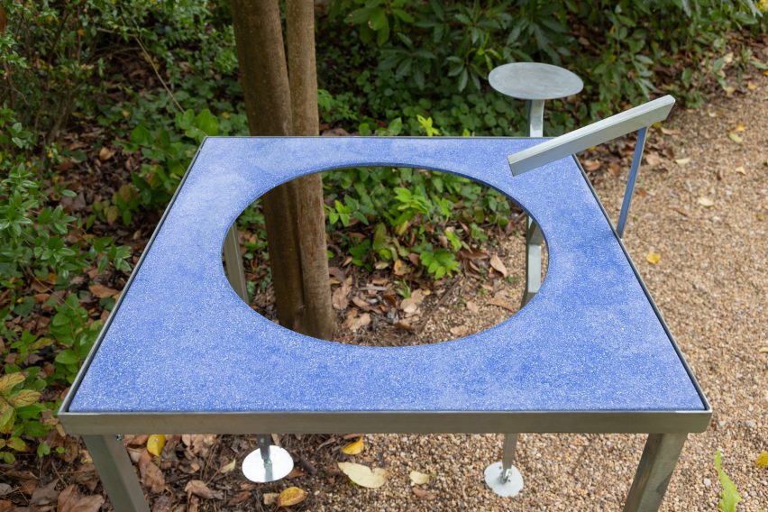 Blue table made from oyster shells