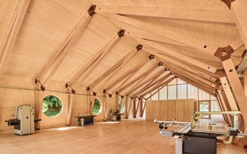 Interior space lined with wood and housing machinery