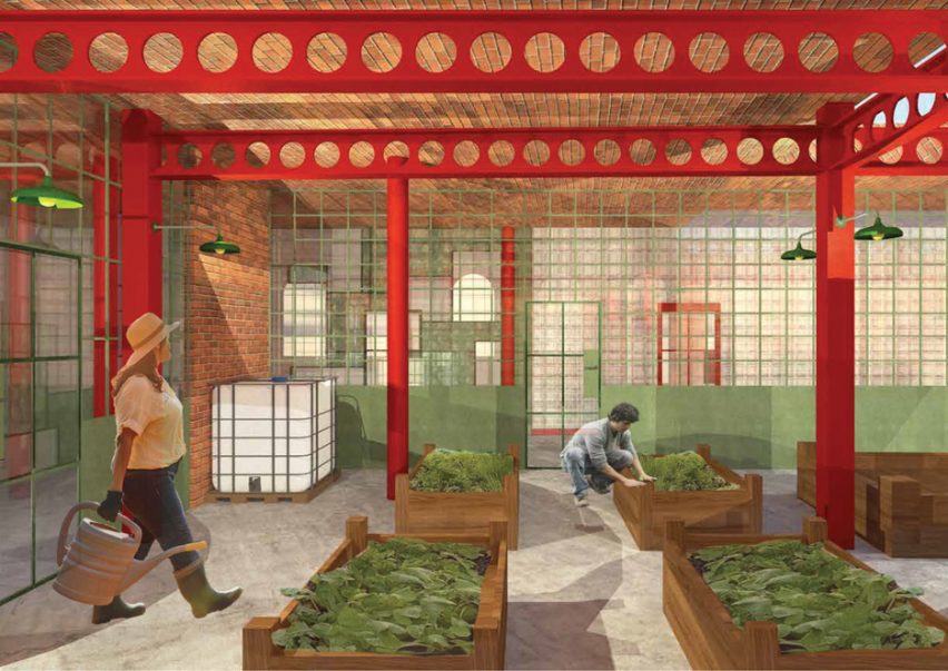 a visualisation of a garden in tones of red and green