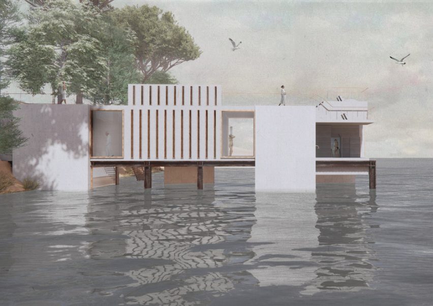 a visualisation of a building in tones of grey and white on water
