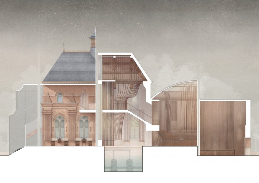 a visualisation of a building design in tones of brown and white