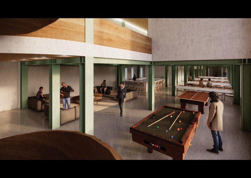 a visualisation of a hall with pool tables