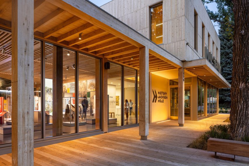 Wooden boardwalk in front of Jackson Hole History museum
