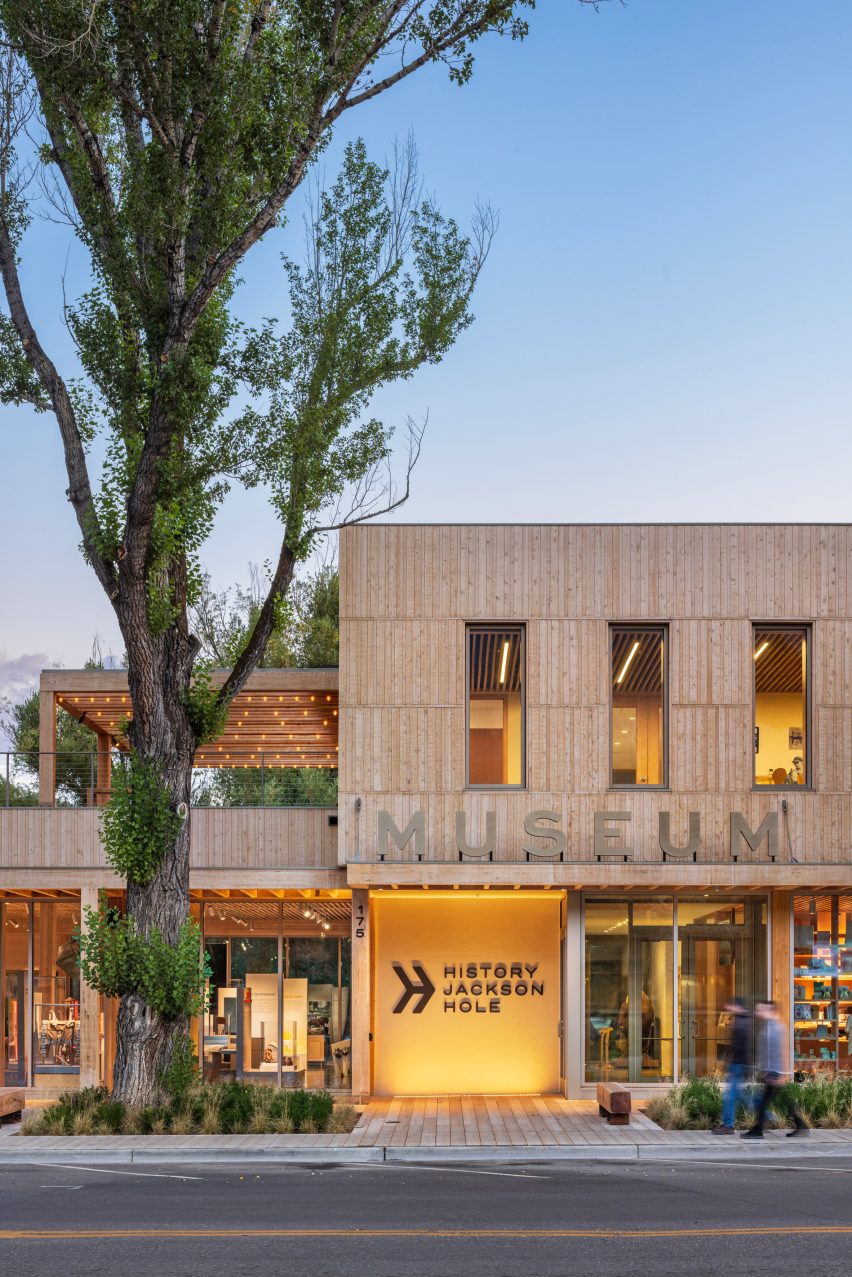 Wooden boardwalk in front of Jackson Hole history museum