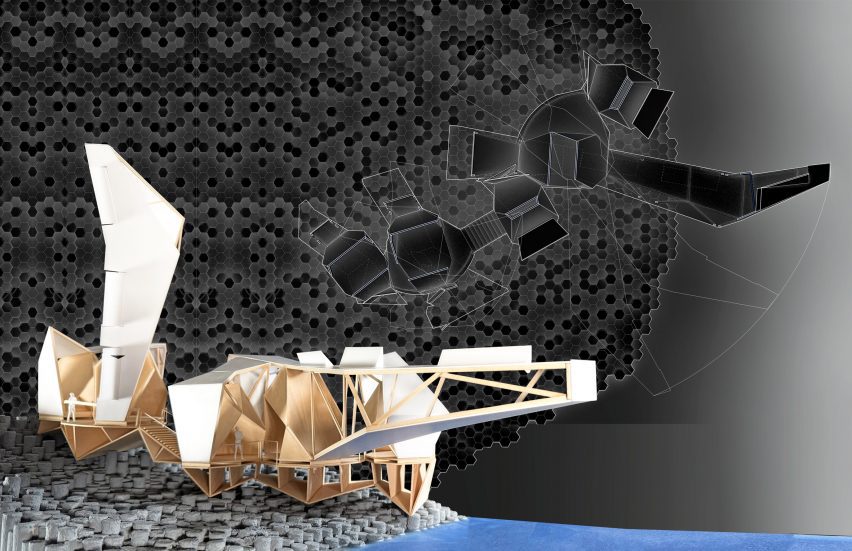 a photograph of an architectural model against a black backdrop