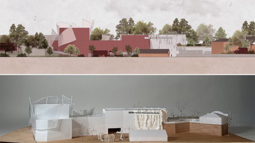 a design for a dance centre in tones of white and red