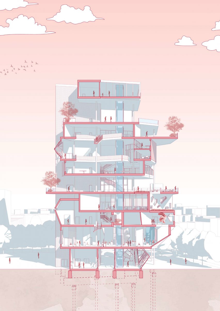 a diagram of a building in tones of pink, blue and red