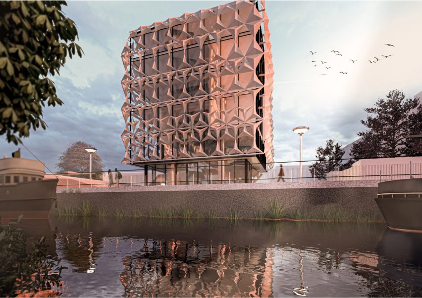 a visualisation of a building beside a body of water