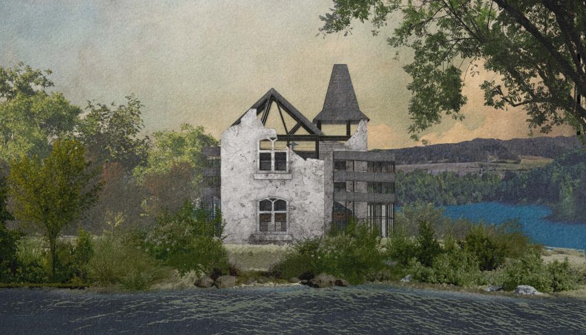 a visualisation of a ruined house in tones of white and brown
