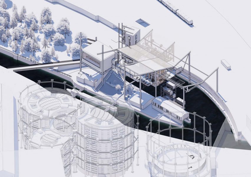 a visualisation of a film production site in tones of blue and white