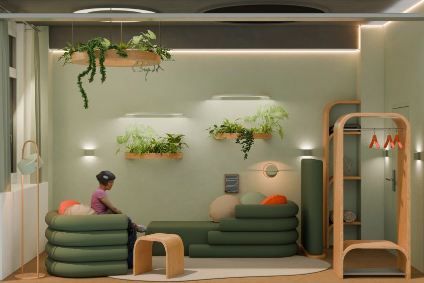 a visualisation of a room in tones of green