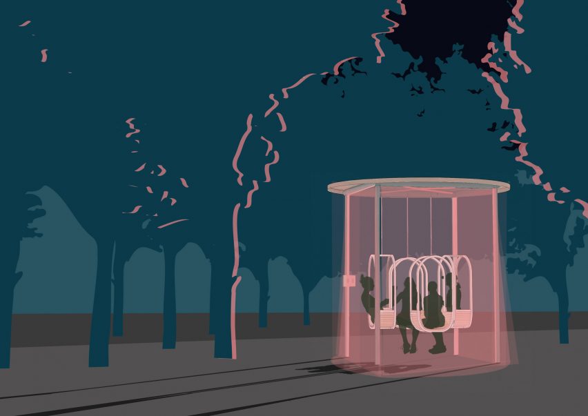 a diagram of an outdoor landscape in tones of blue with a pink building within it