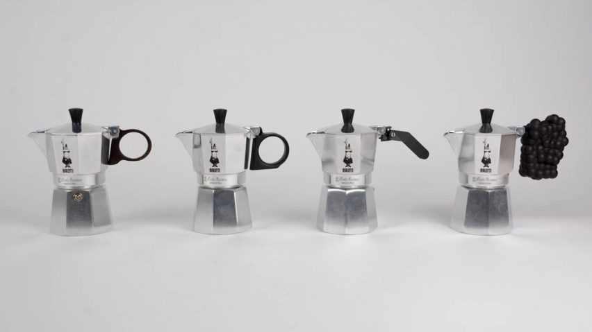 a photograph of four silver coffee pots in a line