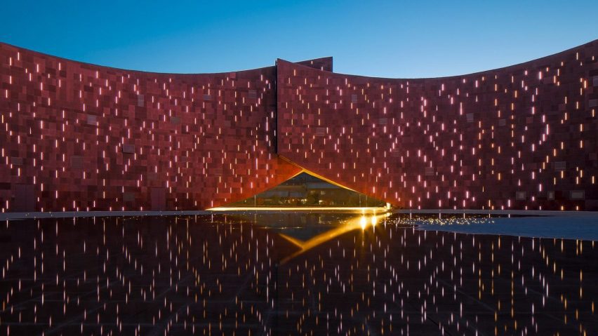Sandstone visitor centre China at twilight
