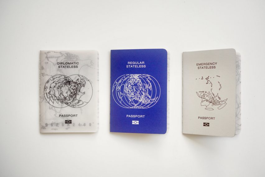 a photograph of three passport designs in tones of white and blue