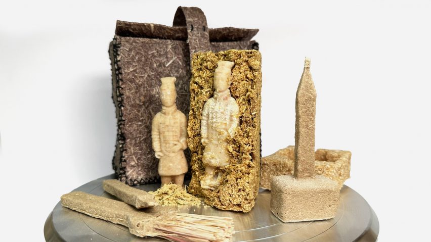a photograph of a model in tones of beige and made from biodegradable materials