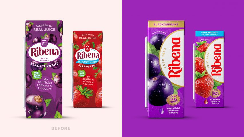 Ribena juice cartons with new and old logo