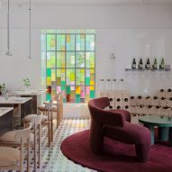 Stained glass window and seating area