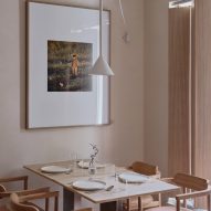 Seating area with wooden shutters behind