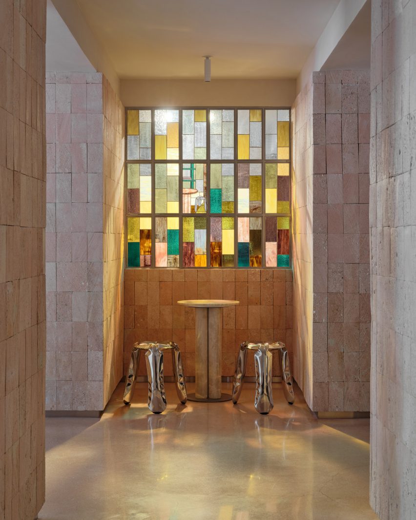 Shel limestone walls and stained glass windows 