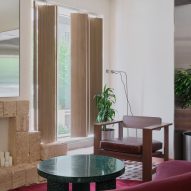Wooden shutters covering window
