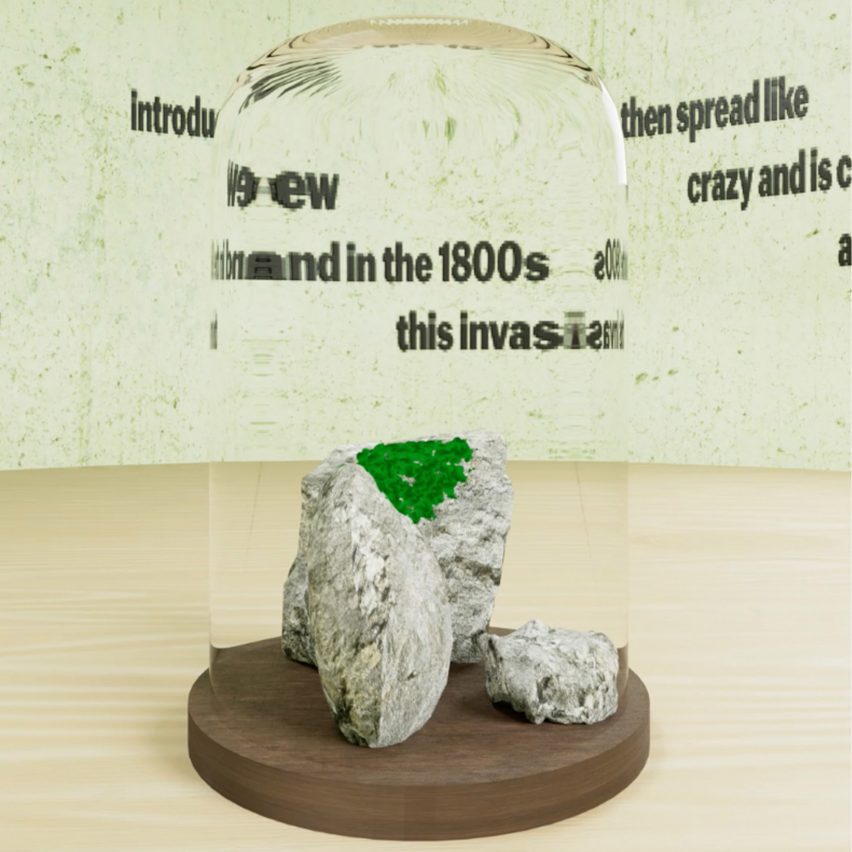 a render showing a rock with green plants growing on it