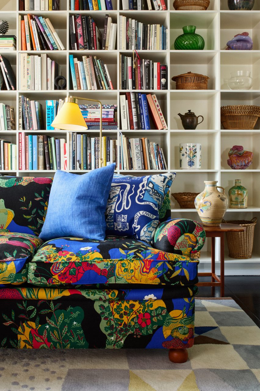 Sofa with colourful patterned fabric