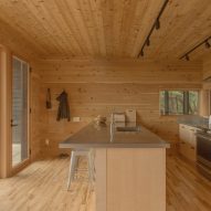 Black cabin in forest