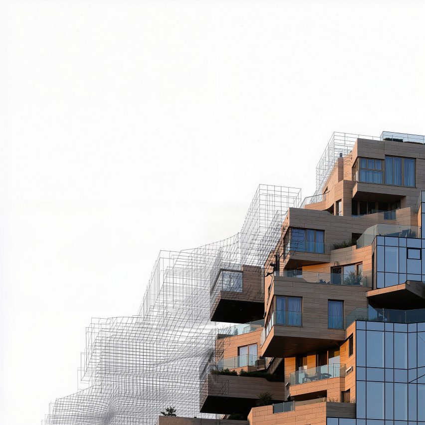 a visualisation of a tiered building in tones of orange and grey against a white backdrop