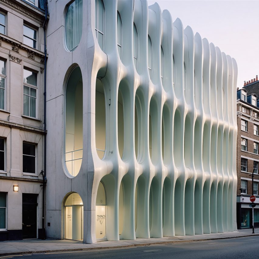 a photograph of a building in tones of blue and white