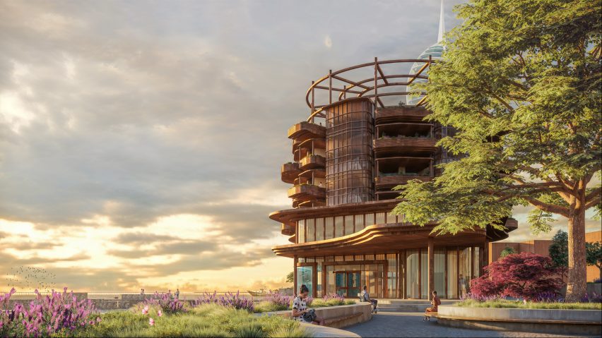 a visualisation of a building in tones of brown with greenery surrounding it