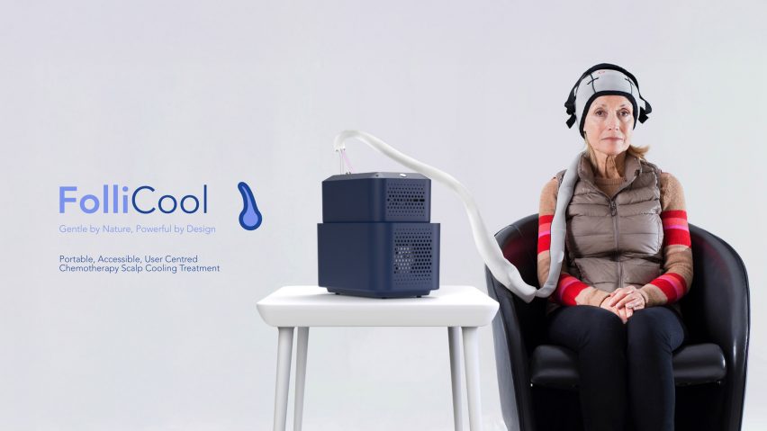a photograph of a chemotherapy patient wearing a device that aids side effects