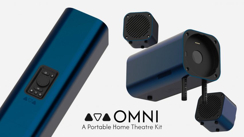 a photograph of blue devices for a home theatre kit