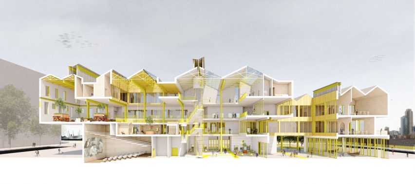 a visualisation of a building in tones of white and yellow