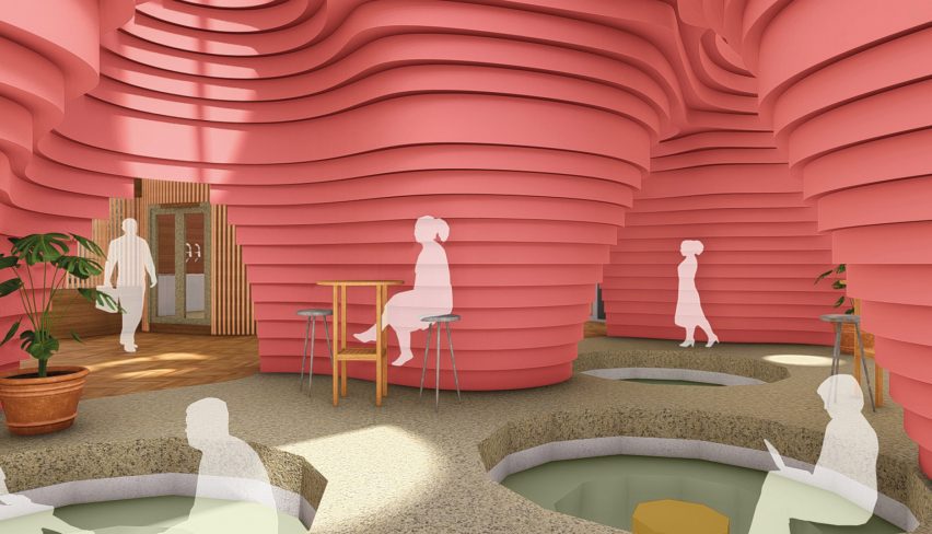 a visualisation of an interior in tones of red and brown