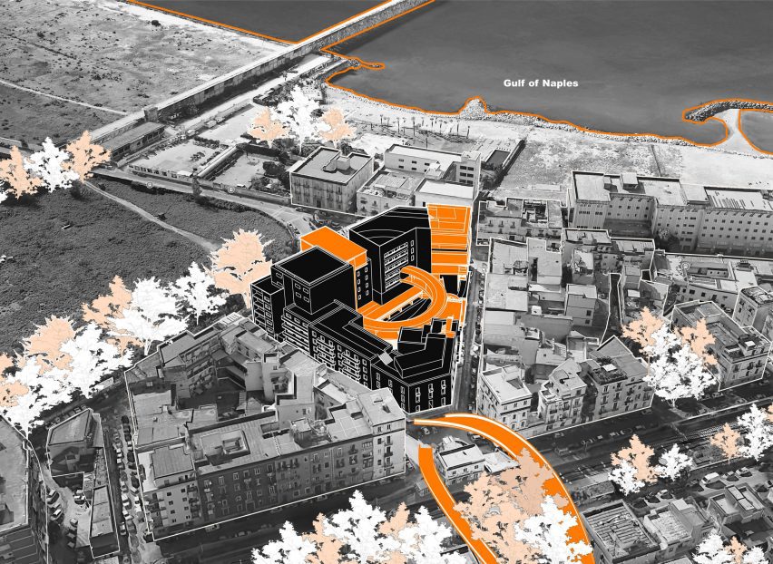 a photograph of a city from above, in greyscale and orange