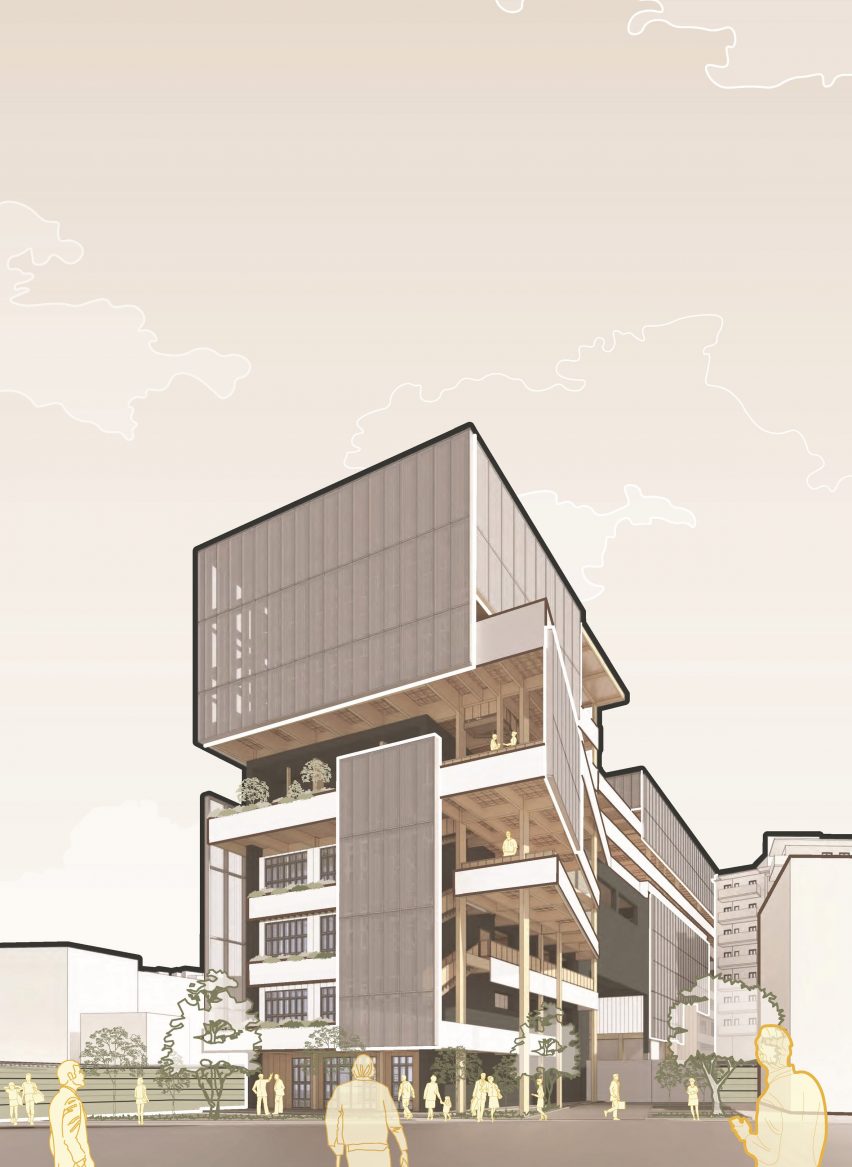 a diagram of a building in tones of beige 