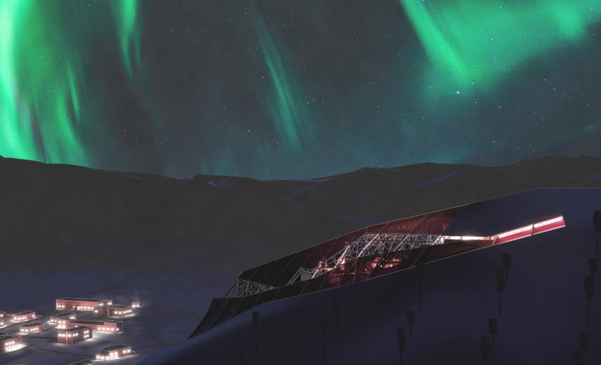 a visualisation of a mountain with the northern lights above