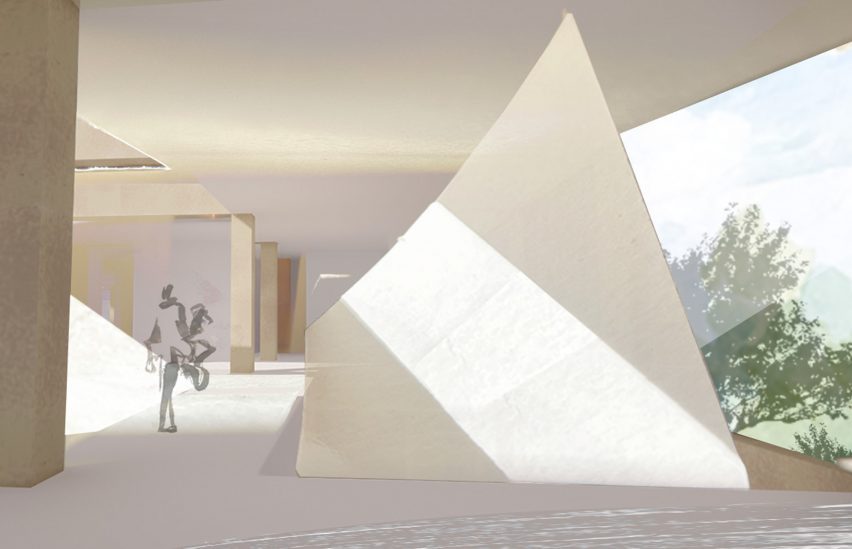 a visualisation of a gallery space in tones of white