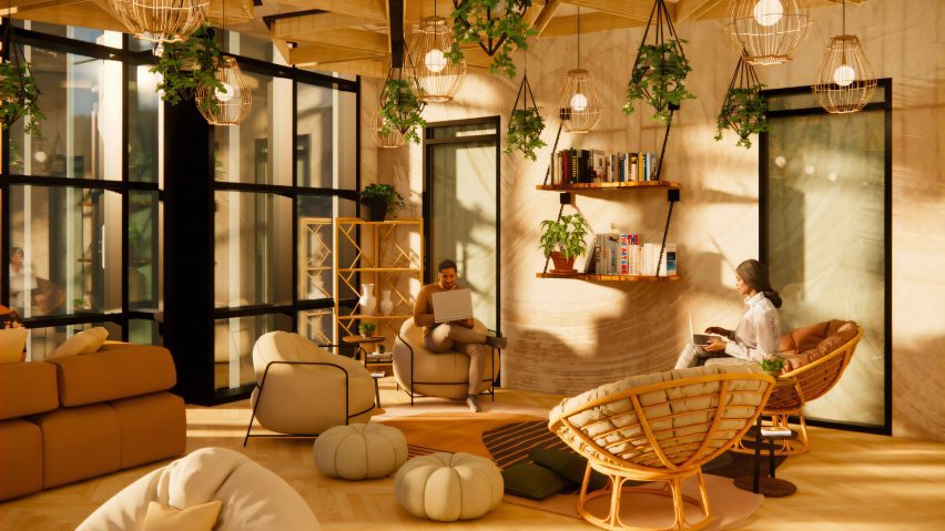 a visualisation of a student library in tones of beige