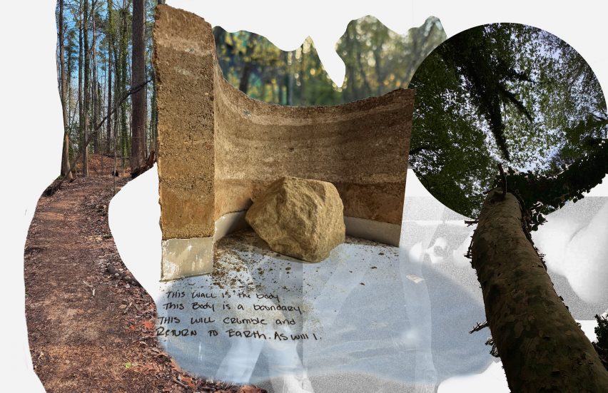 a collage of woodland and stone, with black text