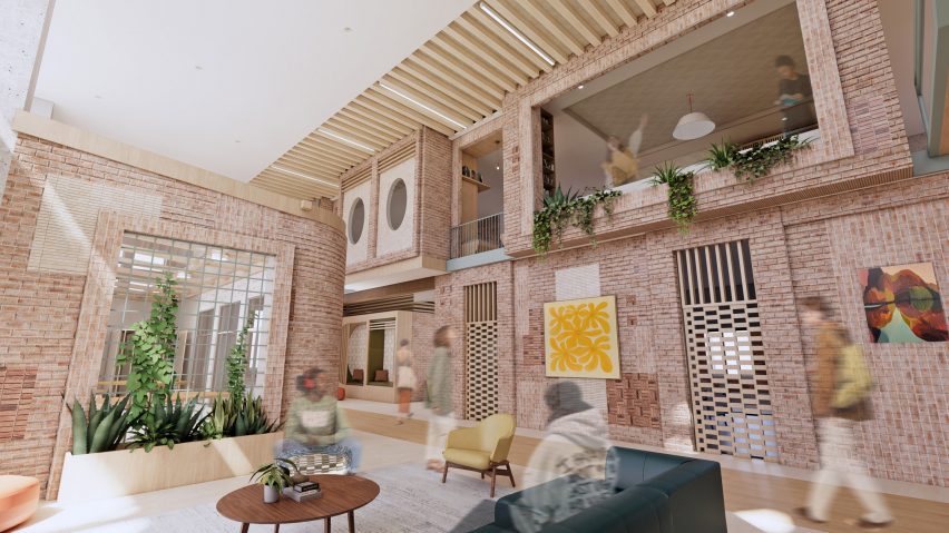 a visualisation of a brick interior with people walking through it