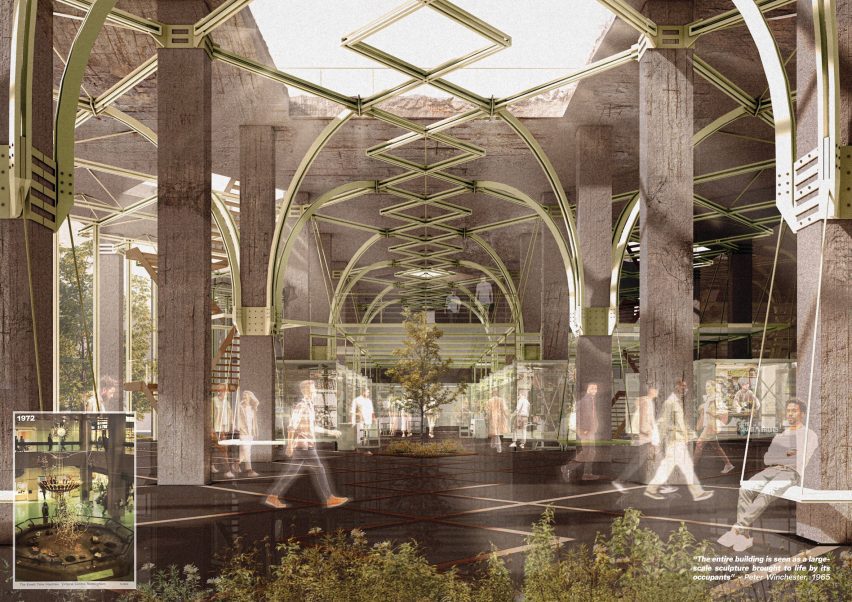 a visualisation of the interior of a hall in tones of brown and green