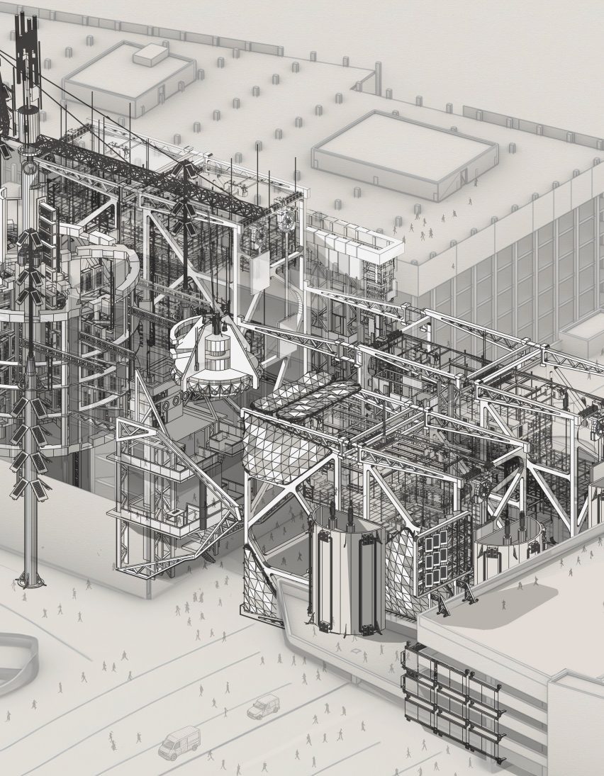 a diagram of a building in tones of grey and white