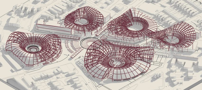 an image showing red circular buildings against a beige backdrop